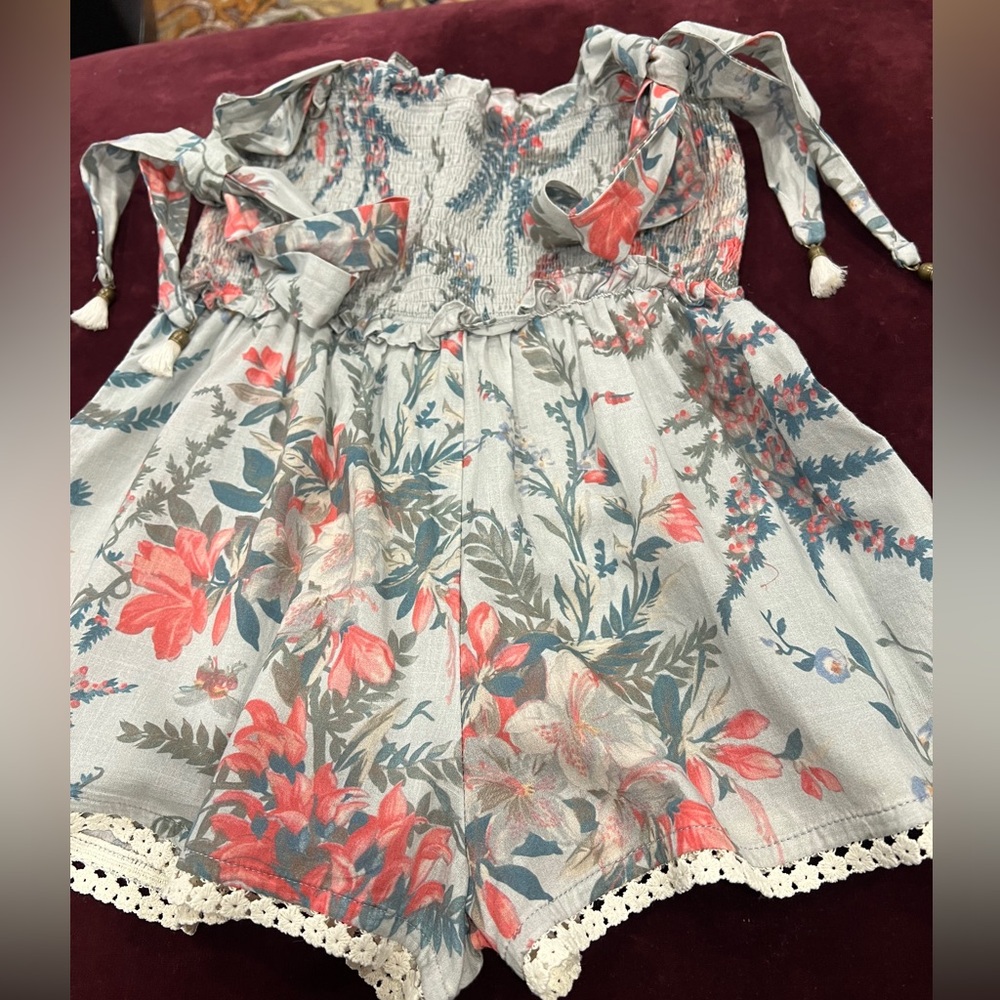Zimmermann Kids Floral Smocked Cotton Romper in Green and Coral